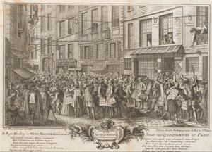 تجارة الرياح في شارع Quinquempoix ، 1720 الصورة المستقيمة لمفاوضة الرياح في مضيق Quinquempoix إلى Parys (العنوان على الكائن) The Great Table of Folly (عنوان السلسلة) بواسطة Duchange غاسبارد