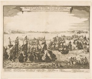 معركة بحرية بين الأسطول السويدي والدنماركي في الحزام ، 1644 Praelium navale inter Suecos et Danos / Ao. 1644 / انظر Schlacht Zwieschen den Schwedischen und Dehnischen Schieffflota (العنوان على الكائن) بواسطة مجهول