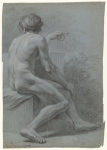 رجل جالس عاريًا ، متجهًا إلى اليمين ، يُنظر إليه من الخلف بواسطة مجهول