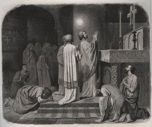 كرة من النار تظهر فوق SAINT MARTIN eveque de Tours (316-397) أثناء عمله. نقش من عام 1846 في "" حياة القديسين ". مجموعة خاصة. بواسطة مجهول مجهول