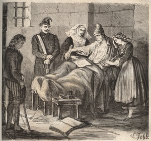 حفل زفاف في Rochefort bagne في القرن التاسع عشر. نقش في "تاريخ المحكوم عليهم منذ إنشائهم حتى يومنا هذا" (1877) لبيير زكون (1817-1895) (كولونيا بينالي - مستعمرة جزائية). مجموعة خاصة. بواسطة مجهول مجهول