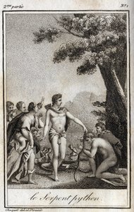 أبولو وثعبان بايثون على جبل بارناسوس. نقش من عام 1819 في "Lettres a Emilie sur la mythologie" لتشارلز ألبرت ديموستييه (1760-1801). مجموعة خاصة. بواسطة مجهول مجهول