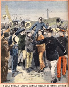 وصول النصر لألفريد لوبلان (1869-1921) ، الطيار الفرنسي ، الفائز في حلبة الهواء في إيسي ليه مولينو (إيسي ليه مولينو). نقش في "Le petit parisien" بتاريخ 14/8/1910 بواسطة مجهول مجهول