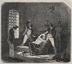 Bagne de Brest: الضرب بالعصا. نقش في "تاريخ المحكوم عليهم منذ إنشائهم حتى يومنا هذا" (1877) لبيير زكون (1817-1895) (كولونيا بينالي - مستعمرة جزائية). مجموعة خاصة. بواسطة مجهول مجهول
