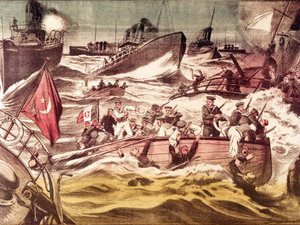 معركة كونفودة (كونفيدا): معركة بحرية دارت في 7 و 8 يناير 1912 ، خلال الحرب الإيطالية التركية (1911-1912) ، في البحر الأحمر ، أمام ميناء كونفودا بالمملكة العربية السعودية. بواسطة مجهول مجهول