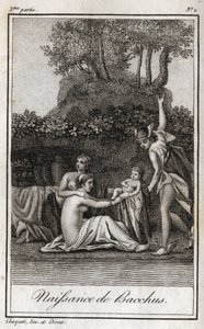 ولادة باخوس ، ابن جوبيتر وسيميلي. نقش من عام 1819 في "Lettres a Emilie sur la mythologie" لتشارلز ألبرت ديموستييه (1760-1801). مجموعة خاصة. بواسطة مجهول مجهول
