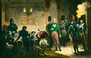 قضية لويس دي بوربون ، دوق إنغين (1772-1804): مشهد محاكمة الأمير المشتبه في أنه تآمر ضد القنصل الأول نابليون بونابرت ، وحُكم عليه وأُعدم دون دليل. نقش من عام 1804. مجموعة خاصة - The Judgem بواسطة مجهول مجهول