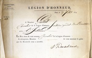 شهادة تسليم وسام جوقة الشرف إلى Guizot أمين عام وزارة الداخلية بتاريخ 21/7/1814. بواسطة مجهول مجهول