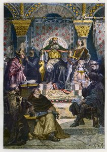 شارلمان (742-814) على عرشه يترأس أكاديمية القصر - تشارلز الأكبر (747-814) ملك الفرنجة والإمبراطور المسيحي للغرب يترأس مدرسة القصر في آخن (آخن) - نقش من "" L " هيستوار دو فرانس راكونتي بواسطة مجهول مجهول