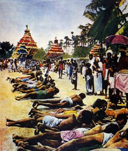 أسبوع العصيان المدني في الهند ضد الإمبراطورية البريطانية: مظاهرة بقيادة الزعيم السياسي Mohandas Karamchand Gandhi (1869-1948) في جالايبور عام 1931. رسم توضيحي من "" Il mattino Illustrato "" 1931 بواسطة مجهول مجهول