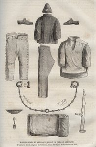 الملابس والمكواة التي تلقتها القوة التي وصلت إلى Bagne de Rochefort في القرن التاسع عشر (من الرسم الأصلي لـ Clemans ، forcat du bagne في عام 1840). نقش في "تاريخ المحكوم عليهم منذ إنشائهم حتى يومنا هذا" (1877) بقلم بيير زكون (18 بواسطة مجهول مجهول
