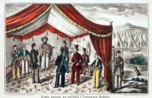 القوزاق يزورون المشير التركي بعد معركة كوركديري - مجهول - 1855 - طباعة حجرية ، ألوان مائية - 55.7 × 68 - مجموعة خاصة بواسطة مجهول مجهول