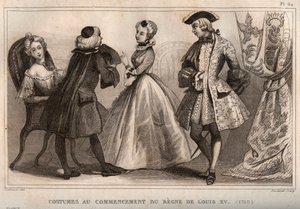 أزياء في بداية عهد لويس الخامس عشر (1720). نقش من عام 1859 في "" لوموند. تاريخ جميع الشعوب من أبعد الأوقات حتى يومنا هذا ". بواسطة M. E. de Lostalot-Bachoue (Lostalot Bachoue). مجموعة خاصة. بواسطة مجهول مجهول
