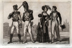 أزياء في عهد لويس الثامن عشر. نقش من 1859 في "" لوموند. تاريخ جميع الشعوب من أبعد الأوقات حتى يومنا هذا ". بواسطة ME de Lostalot-Bachoue (Lostalot Bachoue). مجموعة خاصة. بواسطة مجهول مجهول