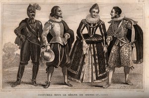 أزياء تحت حكم هنري الرابع (1590). نقش من عام 1859 في "" لوموند. تاريخ جميع الشعوب من أبعد الأوقات حتى يومنا هذا ". بواسطة M. E. de Lostalot-Bachoue (Lostalot Bachoue). مجموعة خاصة. بواسطة مجهول مجهول