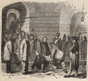 اقتران في Rochefort bagne في القرن التاسع عشر. نقش في "تاريخ المحكوم عليهم منذ إنشائهم حتى يومنا هذا" (1877) لبيير زكون (1817-1895) (كولونيا بينالي - مستعمرة جزائية). مجموعة خاصة. بواسطة مجهول مجهول