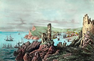 حرب القرم: منظر لميناء بالاكلافا في كريمي. نقش حوالي 1854-1855. مجموعة خاصة بواسطة مجهول مجهول