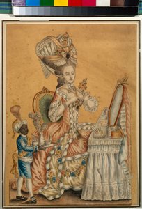 سيدة في مرحاض مع صبي أسود - عمل مجهول ، ألوان مائية على ورق حوالي عام 1770 (29.2 × 21.2 سم) - معرض الدولة تريتياكوف ، موسكو بواسطة مجهول مجهول