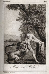 موت ميلون دي كروتوني (ميلو كروتوني) تأثر به ذئب. نقش من عام 1819 في "Lettres a Emilie sur la mythologie" لتشارلز ألبرت ديموستييه (1760-1801). مجموعة خاصة. بواسطة مجهول مجهول