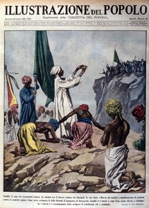 مظاهرة قادها الزعيم السياسي موهانداس كرمشاند غاندي (1869-1948) احتجاجًا على السلطات الإنجليزية ، تصور احتفالًا أثناء ما يسمى بمسيرة الشهداء نحو جالايبور. رسم إيضاحي مأخوذ من "" L