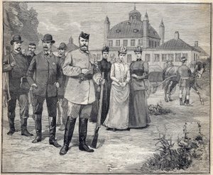غادر للصيد القيصر نيقولا الثاني ملك روسيا (1868-1918) في فريدنسبورج ، الدنمارك. نقش في "" Le Petit Parisien "" 1893. بواسطة مجهول مجهول