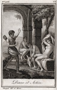 ديان وأكتيون (ديانا وأكتايون) تفاجأت ديان بالصياد أكتيون في الحمام. نقش من عام 1819 في "Lettres a Emilie sur la mythologie" لتشارلز ألبرت ديموستييه (1760-1801). مجموعة خاصة. بواسطة مجهول مجهول