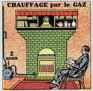 التدفئة المنزلية: تسخين الغاز. رسم توضيحي مجهول من عام 1925. مجموعة خاصة. بواسطة مجهول مجهول