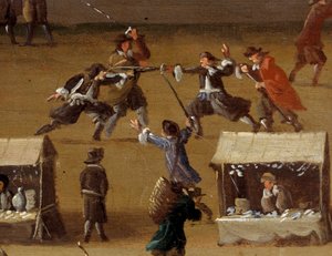 مشهد مبارزة في Pont Neuf في باريس في القرن السابع عشر التفاصيل. لوحة مجهولة. باريس ، متحف كارنافالي بواسطة مجهول مجهول