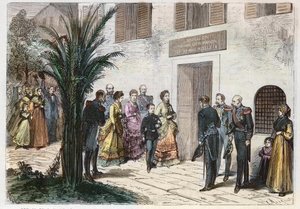 زيارة الإمبراطورة يوجينيا والأمير الإمبراطوري لويس نابليون إلى المنزل الذي ولد فيه نابليون الأول ، في أجاكسيو ، كورسيكا ، فرنسا 1869 - رحلة الأمير الإمبراطوري والإمبراطوري - زيارة منزل نابليون الأول إلى أجاكسيو - 1869 بواسطة مجهول مجهول