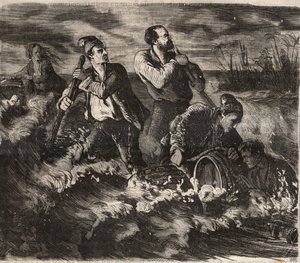 Escape from the bagne of Belle-Ile-en-Mer (beautiful island at sea) in the 19th century. Engraving in “Histoire des bagnes depuis leur création à nos jours”” (1877) by Pierre Zaccone (1817-1895) (Colonia Penale - Penal colony) بواسطة مجهول مجهول