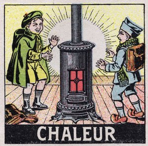 Ether (material): two children heated by the heat of a stove. Anonymous illustration from 1925. Private collection. بواسطة مجهول مجهول