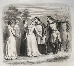وداعًا للقديسة إليزابيث الهنغارية (تورينغيا) (1207-1231) لزوجها لويس الرابع ملك تورنغن (1200-1227) ، مغادرًا للحملة الصليبية السادسة عام 1227. نقش من عام 1846 في "" حياة القديسين ". مجموعة خاصة. بواسطة مجهول مجهول