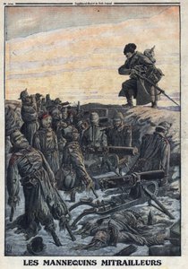 الحرب العالمية الأولى 1914-1918 (الحرب 14-18): يستخدم الجنود الألمان العارضات التي يمتلكونها في الخنادق المزودة بالمدافع الرشاشة لخداع العدو الروسي حتى الفخ. فى "" لو بيتيت جورنال "فى 6/2/1916. مجموعة خاصة بواسطة مجهول مجهول