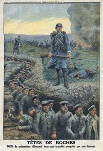 الحرب العالمية الأولى 1914-1918 (الحرب 14-18). "الرؤوس": تنجس الأسرى الألمان في خندق احتلته قوات الجيش الفرنسي. في "Le Petité Journal" بتاريخ 5/3/1916. مجموعة خاصة بواسطة مجهول مجهول