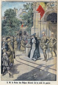 الحرب العالمية الأولى 1914-1918 (الحرب 14-18). مُنحت جلالة ملكة البلجيكيين إليزابيث دي بافيير (1876-1965) صليب الحرب. في "Le Petite Journal" بواسطة مجهول مجهول