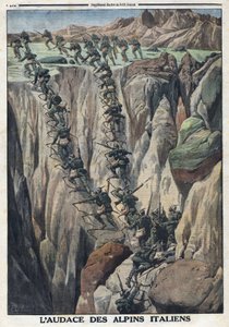 الحرب العالمية الأولى 1914-1918 (الحرب 14-18). جنود إيطاليون يتسلقون قمة Cauriol في Fiemme Alps في إيطاليا. في "" Le Petite Journal "، 8 أكتوبر بواسطة مجهول مجهول