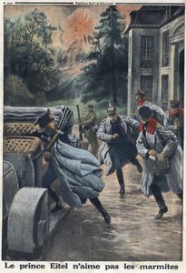 الحرب العالمية الأولى 1914-1918 (الحرب 14-18). فر الأمير إيتل فريدريك من بروسيا (1883-1942) عند اقتراب الجيش الإنجليزي في بلدة كولومييه. في "" لو بيتيت جورنال "بتاريخ 1/10/1916. مجموعة خاصة بواسطة مجهول مجهول