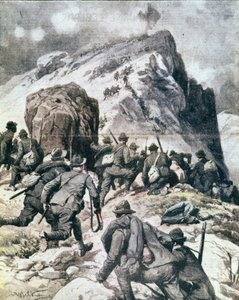 الحرب العالمية الأولى: "" صيادو جبال الألب الإيطاليون (ألبينو أو ألبيني) يتسلقون إلى قمة Cauriol ، جبال الألب الإيطالية "" 1916 رسم توضيحي من "La domenica del corriere" بواسطة مجهول مجهول
