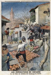فيضانات إسبانيا: الملك ألفونسو الثالث عشر (1886-1941) يزور ضواحي إشبيلية المشؤومة. نقش في "" لو بيتيت جورنال "بتاريخ 25/2/1912. مجموعة خاصة. بواسطة مجهول مجهول