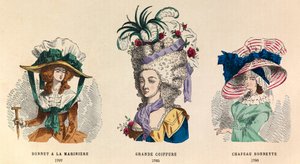 من اليسار إلى الغراب: Hat a la mariniere عام 1787 ؛ تصفيفة الشعر غراندي في عام 1785 وهات بونيت في عام 1786 - مجموعة خاصة بواسطة مجهول مجهول