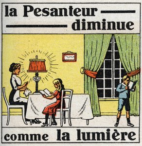 الجاذبية: قانون المربع. تقل الجاذبية مثل الضوء. رسم توضيحي مجهول من عام 1925. مجموعة خاصة. بواسطة مجهول مجهول