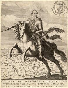 غوستافوس الثاني أدولفوس ، المعروف باسم الأسد العظيم أو أسد الشمال (1594-1632) ، ملك السويد ، يركب خريطة بوميرانيا - غوستافوس أدولفوس قبل خريطة بوميرانيا في الخلفية - مجهول - 1630 - نقش على النحاس - 30.4 × 23 ، 9 - مجموعة خاصة بواسطة مجهول مجهول