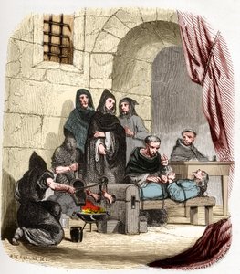 محاكم التفتيش في إسبانيا في القرن الخامس عشر: ماري من بورغندي (1457-1482) ، متهمة بأنها يهودية ، تعرضت للتعذيب على يد (القديس) بيتر (بيدرو) من آربوس (1441 / 1442-1485) ، محقق إسباني: إنه يحرق قدميه . توضيح في "" لغز محاكم التفتيش و بواسطة مجهول مجهول