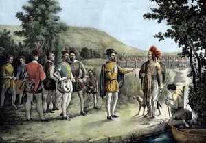 جاك كارتييه ، أول مقابلة له مع الهنود في Hochelaga الآن مونتريال في 1535 (litho بواسطة مجهول مجهول