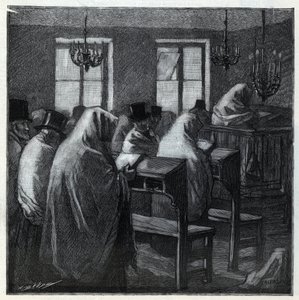 الأعياد اليهودية: المؤمنون أثناء الصلاة داخل المصلى أثناء الأعياد. نقش في "Le monde illustree" عام 1892. مجموعة خاصة. بواسطة مجهول مجهول