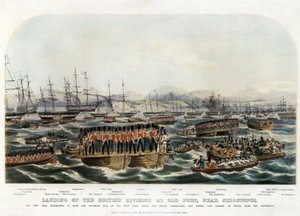 هبوط القسم البريطاني في القلعة القديمة ، بالقرب من سيفاستوبول - مجهول - 1854 - طباعة حجرية ملونة - 29،8 × 42 - مجموعة خاصة بواسطة مجهول مجهول