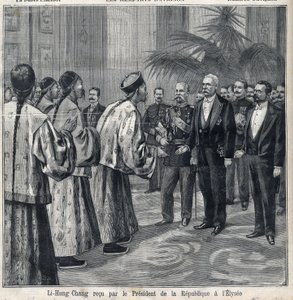 استقبل لي هونغ تشانغ رئيس الجمهورية فيليكس فور (1841-1899) في قصر الإليزيه. نقش في "Le Petite Parisien" " بواسطة مجهول مجهول