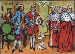 لويس الخامس عشر (1710-1774) ، ملك فرنسا ، يكسر أحكام البرلمان. توضيح مجهول في "" مجموعة ملوك ورؤساء دول فرنسا "". القرن ال 20. مجموعة خاصة. بواسطة مجهول مجهول