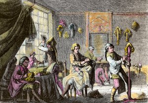 أزياء لويس الخامس عشر: منظر داخلي لمصفف شعر مستعار. نقش حوالي عام 1755. مجموعة خاصة بواسطة مجهول مجهول
