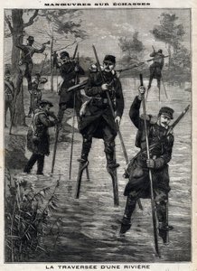 مناورات على echasse: عبور الجيش الفرنسي لنهر إلى Mont de Marsan (Mont-de-Marsan) بتوجيه من Landes echassiers لإنشاء خط تلغراف. نقش. فى "" Le Petro Parisien "" فى 17/12/1899. مجموعة خاصة. بواسطة مجهول مجهول